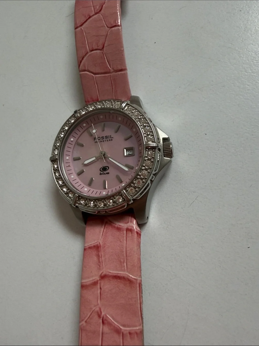 Fossil Pink Crystal-Bezel Ladies Watch with Croc-Embossed Strap